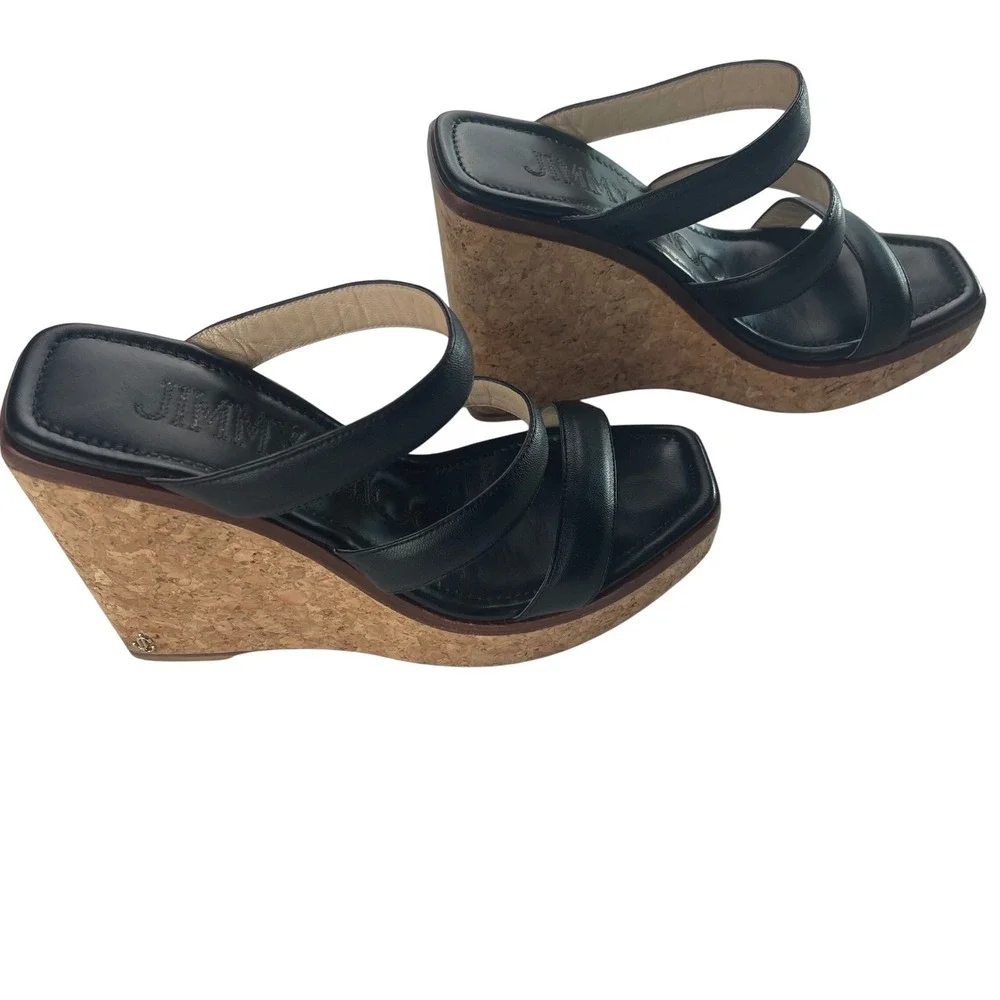 Jimmy Choo Athena‎ Black Leather Cork Wedge Platform Sandals Slides 37.5/US 7.5